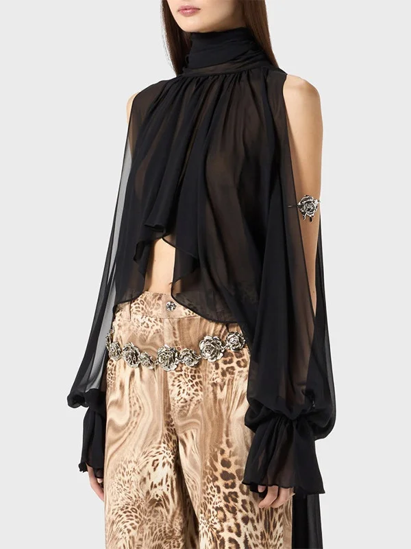 Sweet Fre asymmetrische opstaande kraag A-lijn losse oulder blote chiffon lantaarn Sve hangend Ne irt vest tee kleuren