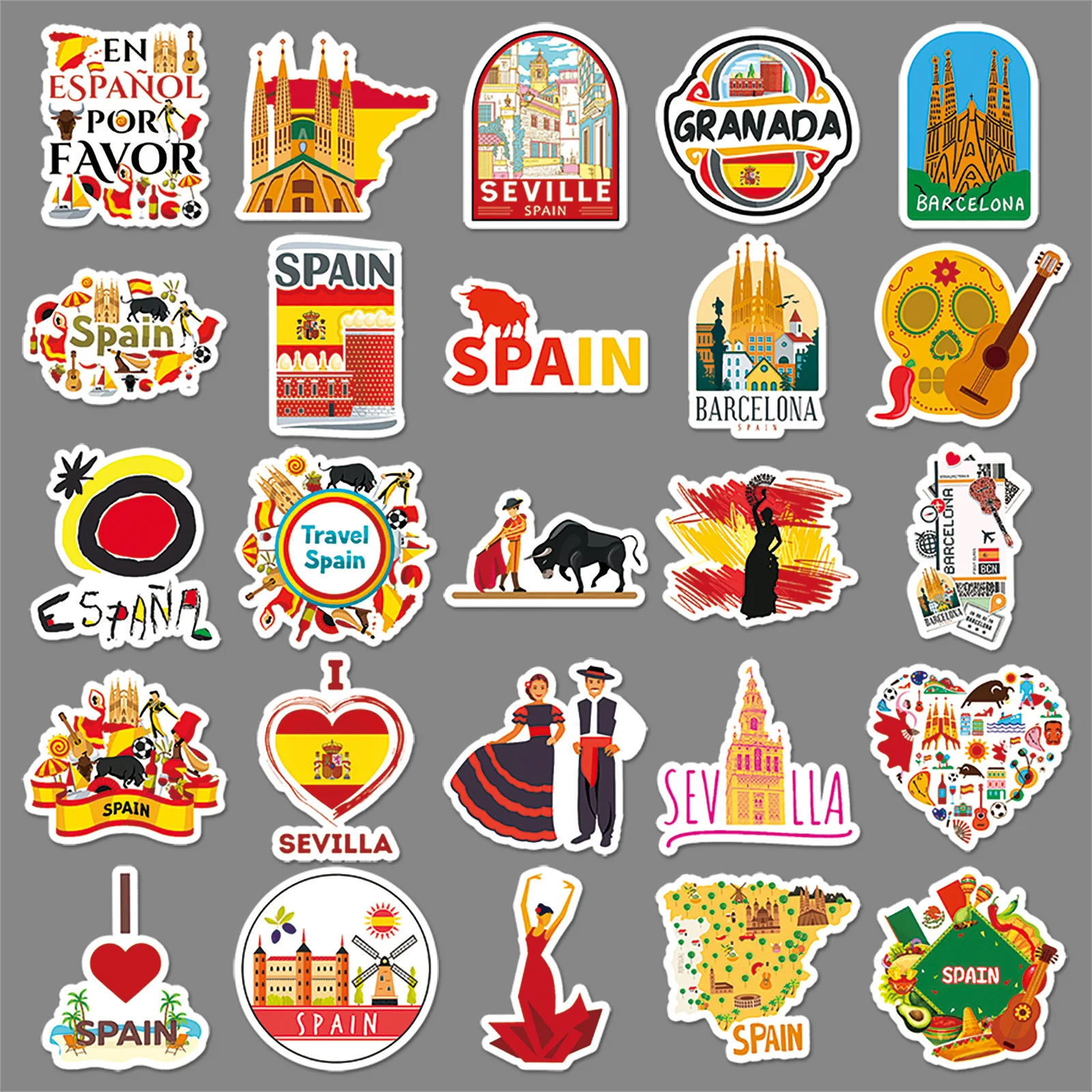 10/50PCS Spain Scenic Spot Stickers Travel Cartoon Graffiti Sticker Luggage Laptop Phone Guitar Car Bike Skateboard Decals