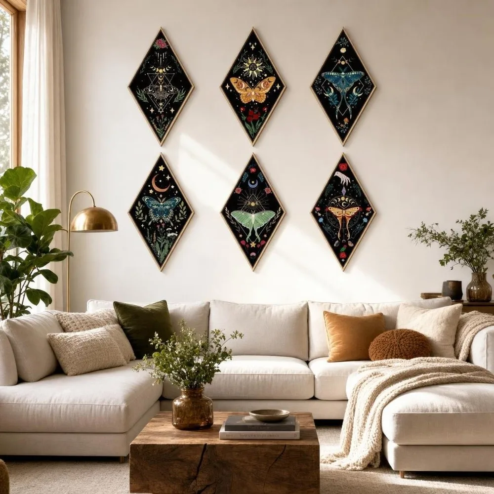 Sun Moon Wooden Wall Decor Flower Dark Style Butterfly Wall Decor Geometric Rhomboid Shape Wall Mounted Board Gothic Style