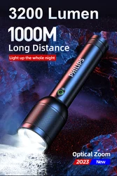 Philips 3200 Lumen LED Flashlight 1000m Portable Powerful Bright Flashlights Camping Lamp for Outdoor Hiking Self Defense