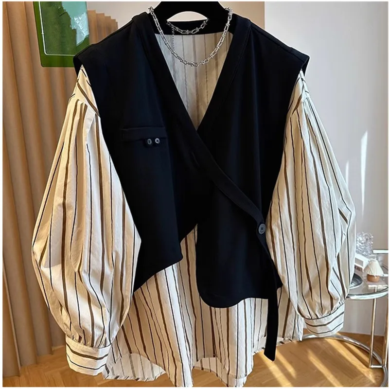 Loose Casual Vest Patchwork Fake Two V-Neck Shirts Blusas Women Mujer De Moda 2024 Autumn New Striped Shirt Vintage Jacket Tops