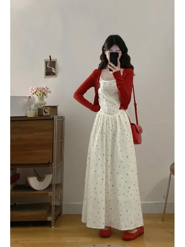 

plus Size Pure Desire Style Set Red Open Cardigan Top Floral Print Halter Dress Korean Style Commute High Waist Spring Summer