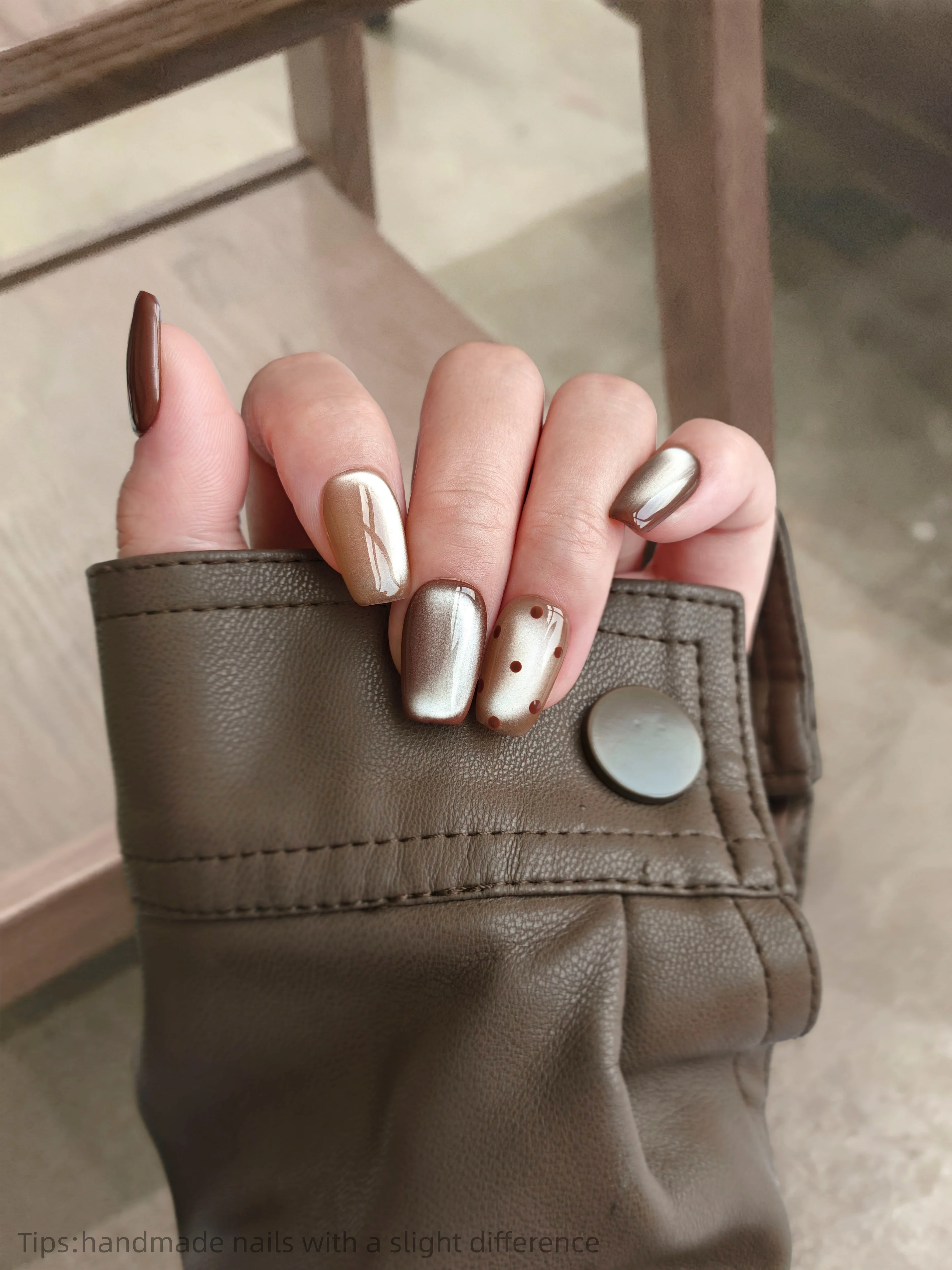 10pcs Handmade Brown Silver Polka Dot Press on Nails Square Full Cover Wearable Reusable Elegant False Nails 2026