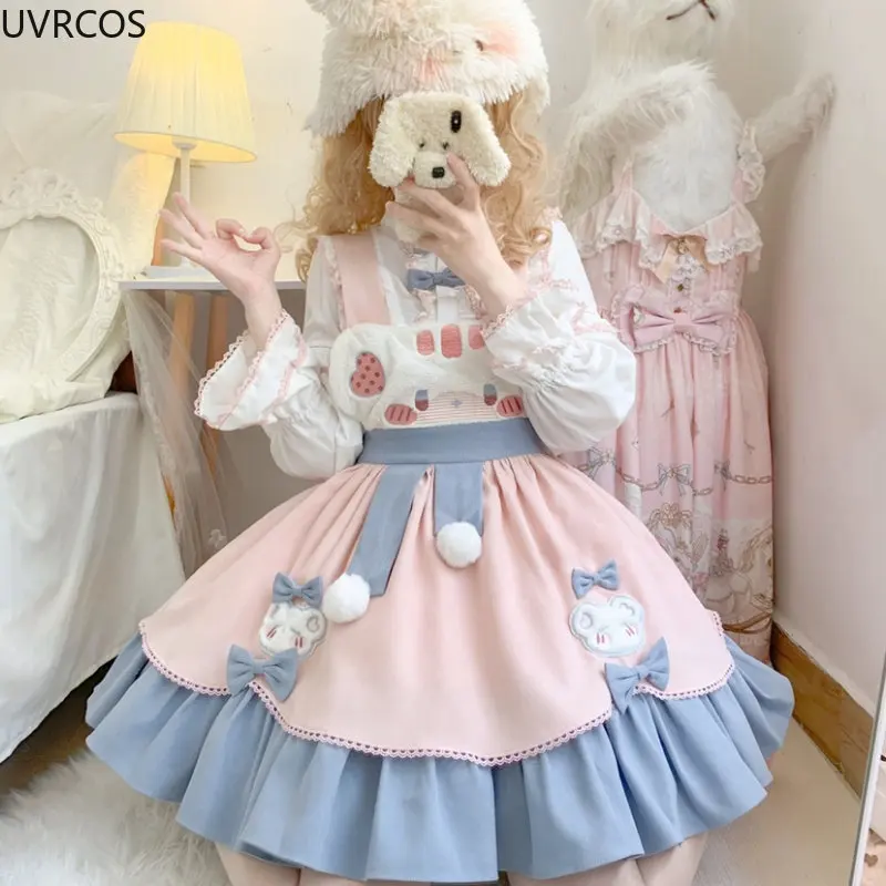 Japanese Kawaii Lolita Jsk Dress Women Victorian Gothic Plush Coat Cartoon Bear Strap Dresses Girls Brown Lolita Cosplay Costume