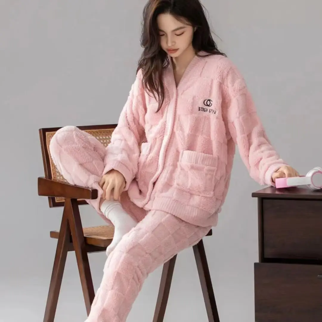 Nachtkleding Vrouwen Knoop Vest Pyjama Sets Lange Mouwen Flanel Warme Herfst Winter Homewear Sets Kawaii Kleding Dik Los