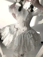 French Romantic Lolita Dress Spring Summer New Gothic Stripe Elegant Big Bow Lace High Neck Waist Cinching Tiered Cake Dress Y2k 6