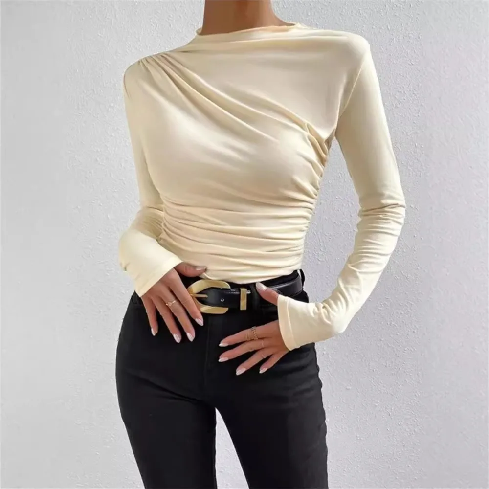 

Solid Color T-shirt Slim Bottoming Shirt Ruffled Women's Spring Casual Round Neck Long Sleeve Top Roupas Feminina Ropa De Mujer