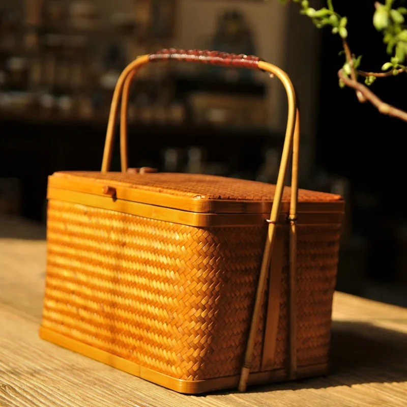 Bamboo Weaving Large Wicker Storage Basket, Double Layer Square Basket for Tea Storage, Artistic Packaging Product Container