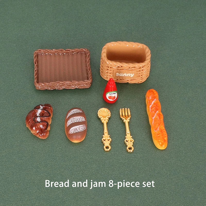 8Pcs/set Miniature Dollhouse Delicious Bread Jam Tray Model Mini Scene Set Props Birthday Gift DIY Decoration