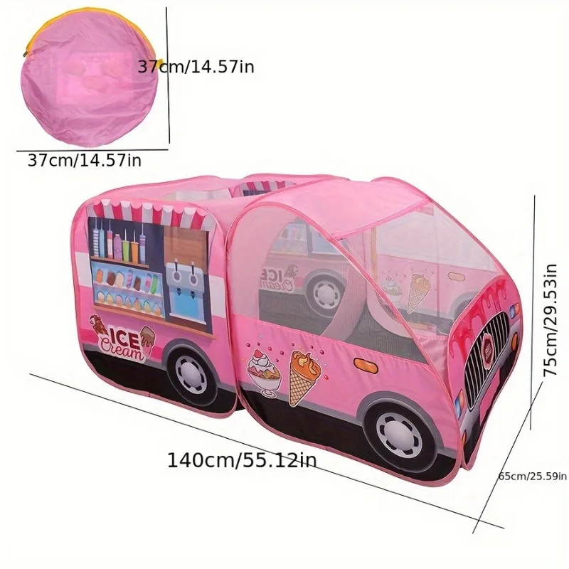 Portable Indoor Outdoor Play Tent for Kids Pink Dessert Truck No Assembly Needed Storage Bag Role Play Imaginative Gifts