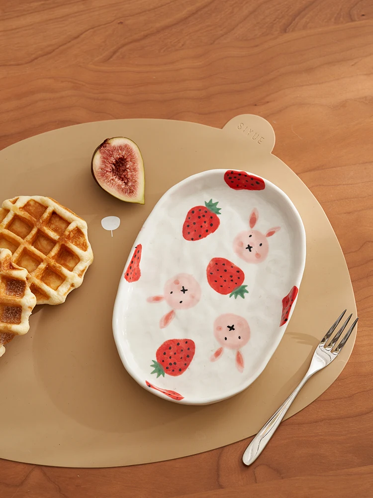 Nordic Cartoon Fruit Plate Senior Sense Household Ceramic Plate Oval Shallow Flat Plate Lovely Dish INS Wind