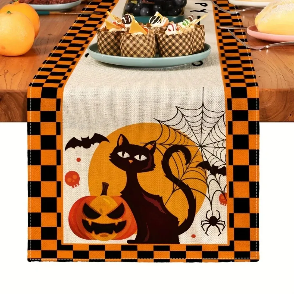 Halloween Linen Table Runners Autumn Pumpkin Spooky Bat Haunted House Table Runner Halloween Holiday Party Dining Table Decor