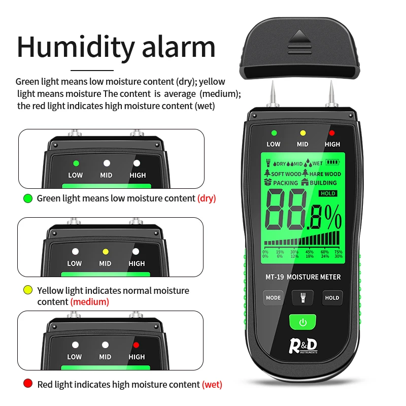 R&D MT-19 Wood Moisture Meter Digital Humidity Meters Wall Hygrometer Timber Damp Detector Building Humidity Tester Carton