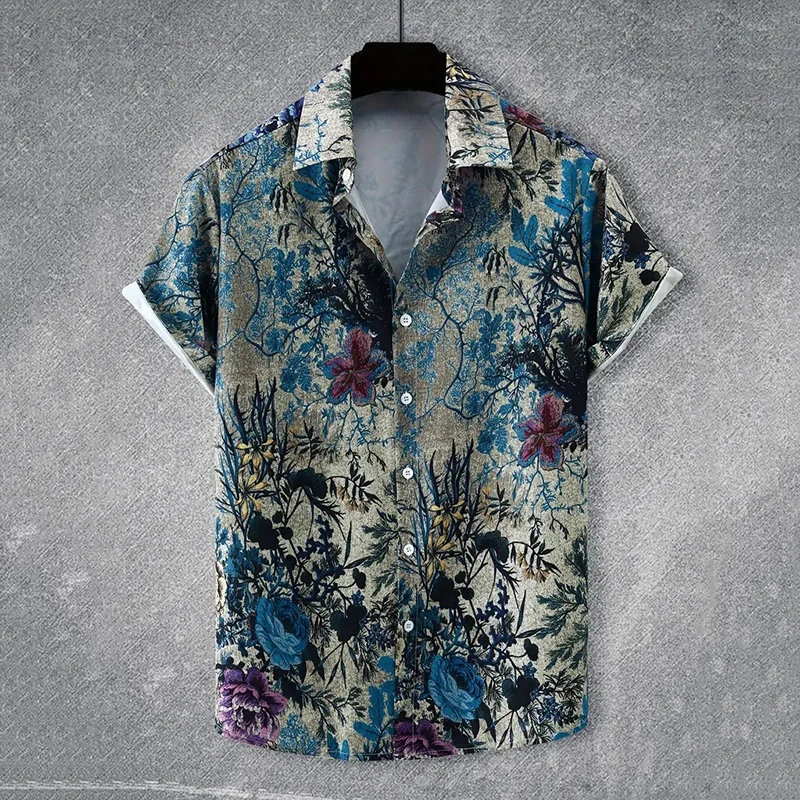 Men's Leisure Little Flower Fashion Hawaiian Shirt Men's Short Sleeve Personalized Printed Cuban Collar Shirt Oversized Blouses