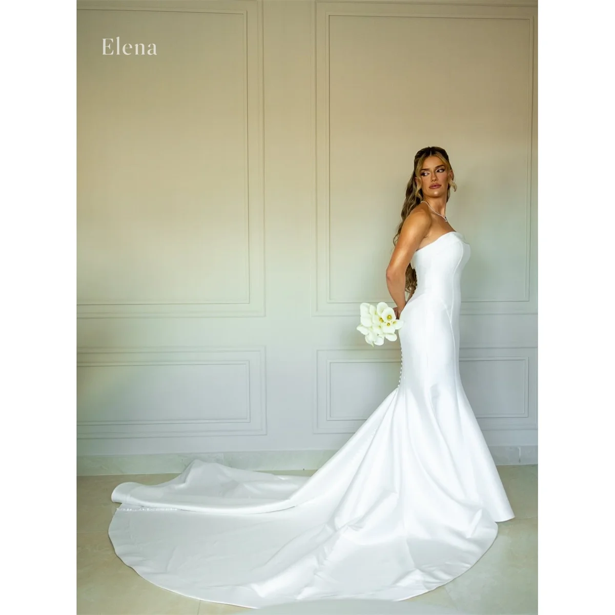 Elena White Wedding Dress Mermaid Strapless Sleeveless Silhouette Classic Fit Chapel Train Button Floor Length Customized