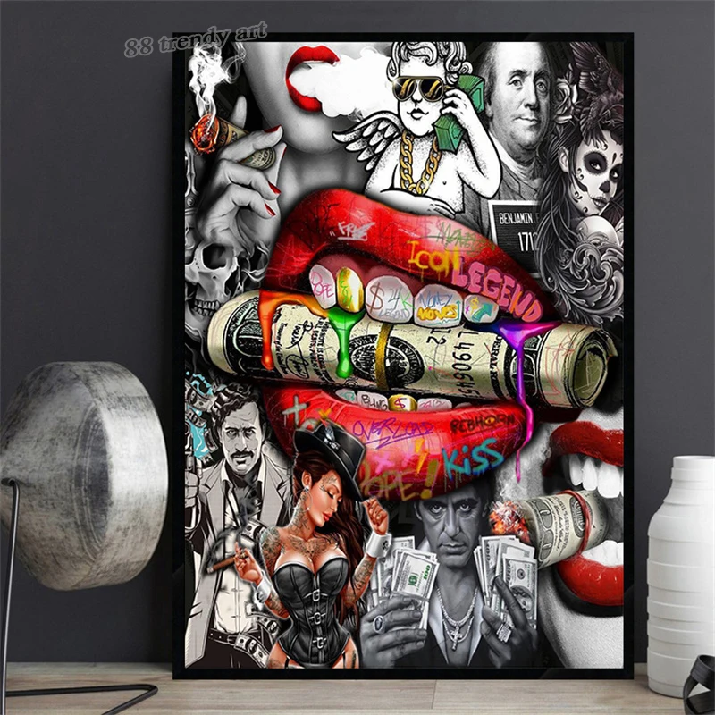 Red Lips Pop Art Poster Movie Star Tony Montana Graffiti Canvas Print Painting Cool Trendy Wall Art Pictures for Home Decoration