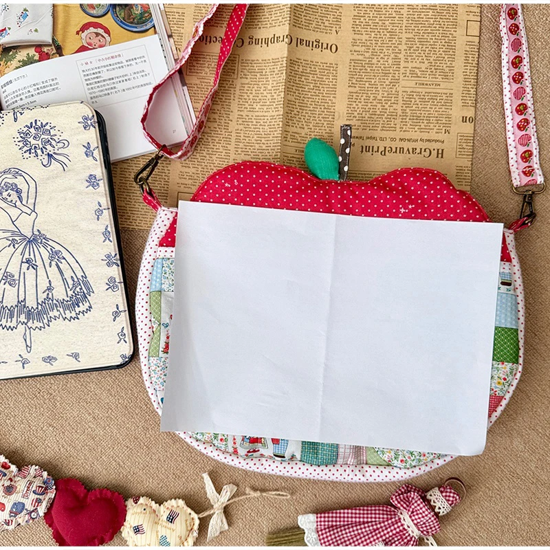 Patchwork-Stoff-Umhängetasche, Apfelförmige Handtasche mit Blumen- und Punktmuster für Damen, Mädchen, Studenten, Cottagecore, süße Handtasche – Detail 19