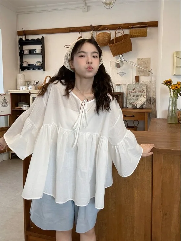 

Summer New Sle plus Size Women's Sweet Sle White irt with Bell Sves Loose Fit Doll Top with Belt Korean Version