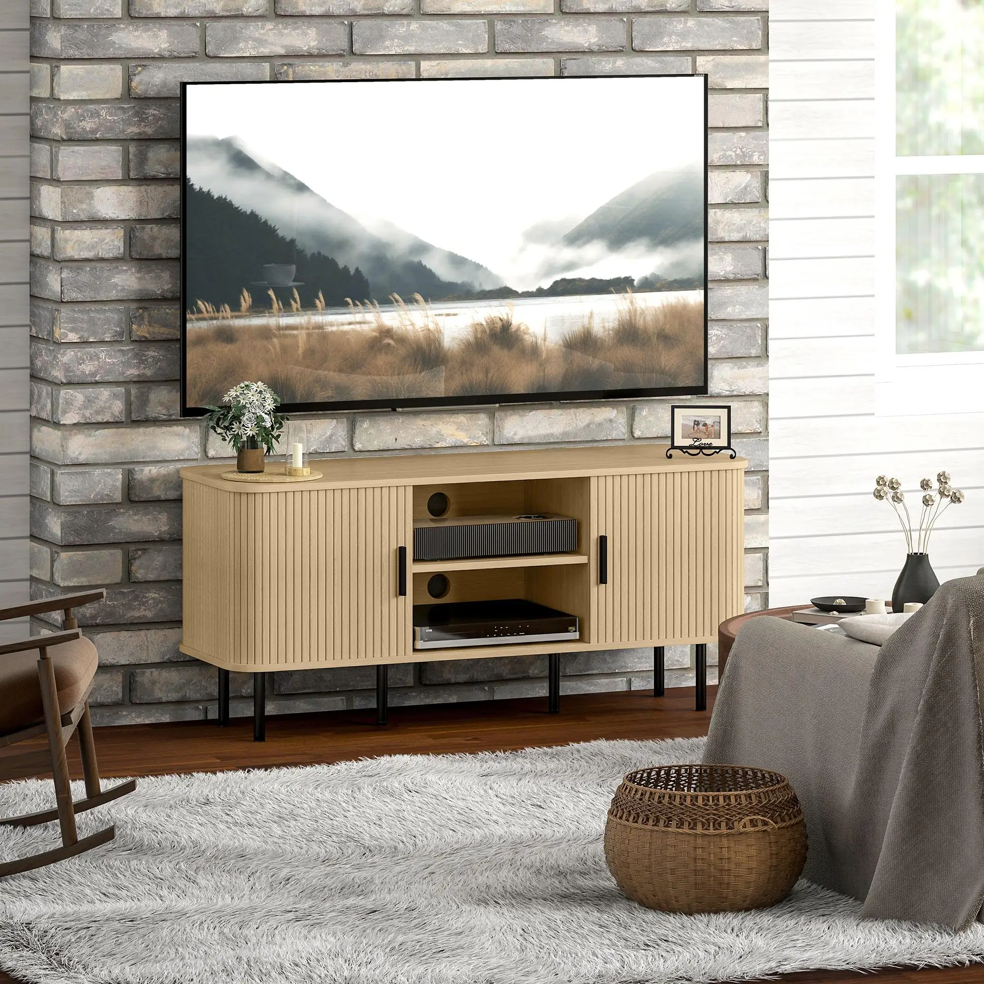 Soporte para TV de 120x40x55 cm con 2 Puertas Corredizas y 2 Compartimentos Abiertos, Madera con Acabado Roble para Televisor de 55 Pulgadas, Gestión de Cables, Moderno