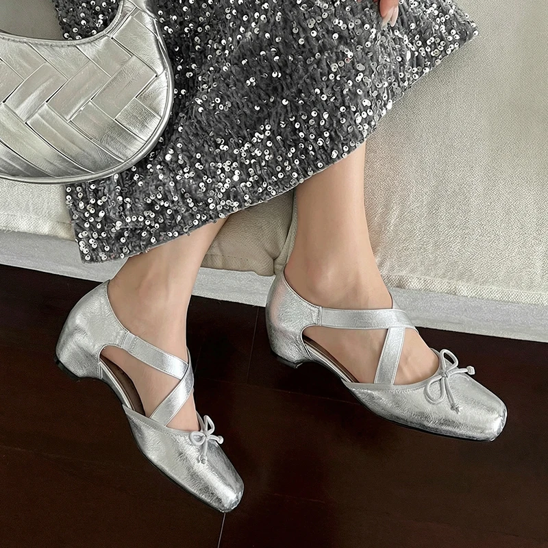 

Handmade French Style Square Toe Genuine Leather Women Mary Jane Shoes Bows Cross Elastic Band Latin Dance Loafers Shoes Silver