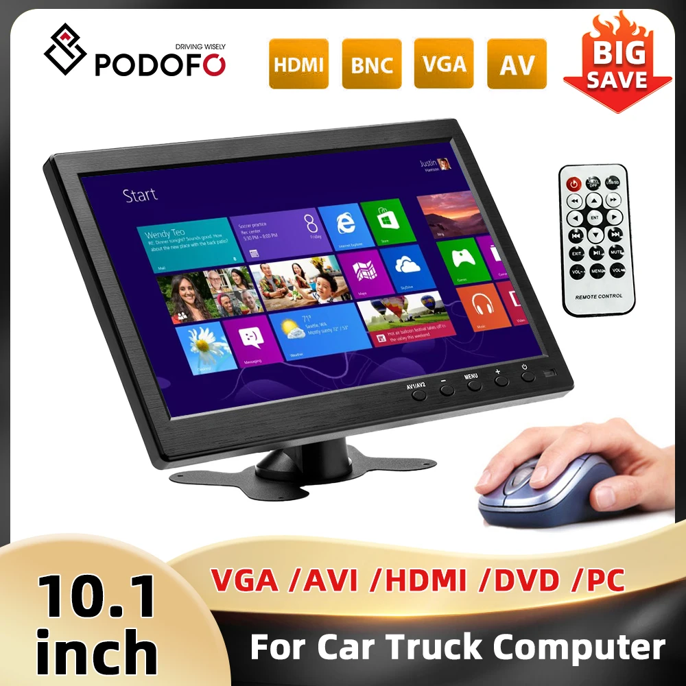PodoNuremberg-Moniteur de voiture LCD TFT HD 10.1 ", entrée vidéo 2 canaux, surveillance de sécurité, écran TV et ordinateur, BNC, 183, VGA, HDMI, USB