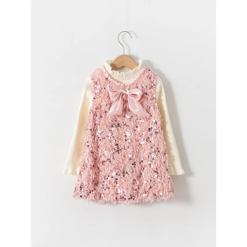 

Girls' Feather Dress Spring Children's Fleece-lined Thickened Fashionable Bow Princess Dress Sequined Vest Dress