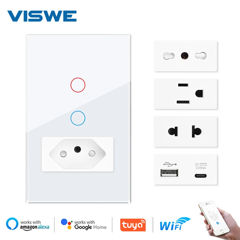 VISWE Tuya BR/USA wifi smart wall switch 1/2gang ,118*72mm Tempered Glass Panel LED Light Switches For Alexa Google Home