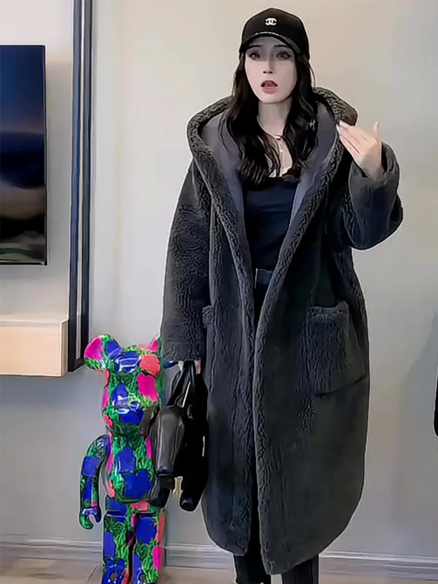 

Thiened Warm Long Lamb Velvet Coat Women's Winter Loose Lazy Sle Bla Woolen Coat with Hat Long Sve Pure Color Coat