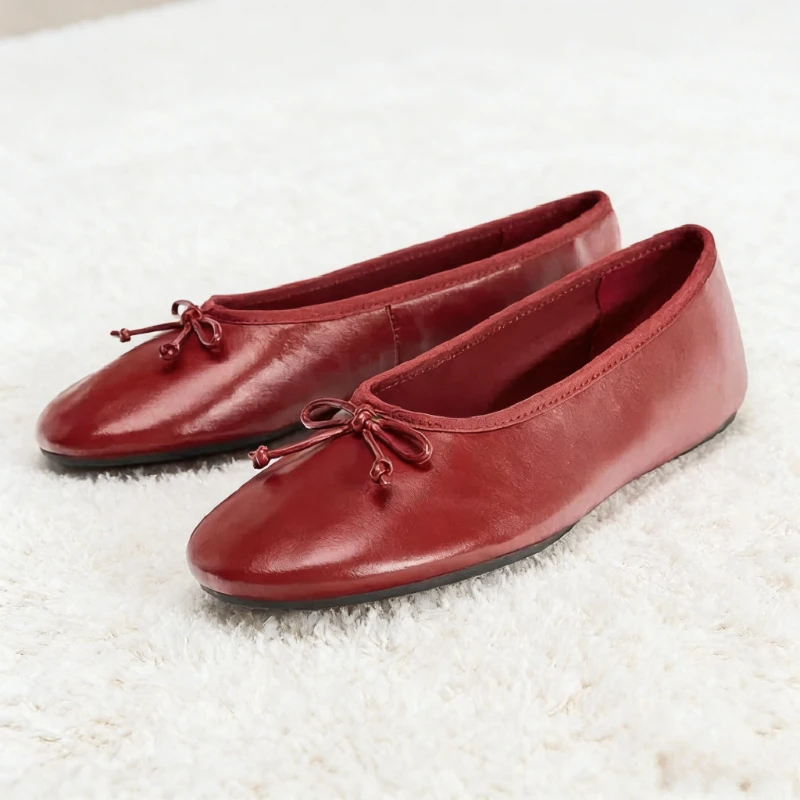 

Sweet Red Bow Decoration Ballet Flats for Women Fashion Round-toe Design Mary Jane Shoes Comfortable Soft Leather Casual Shoes