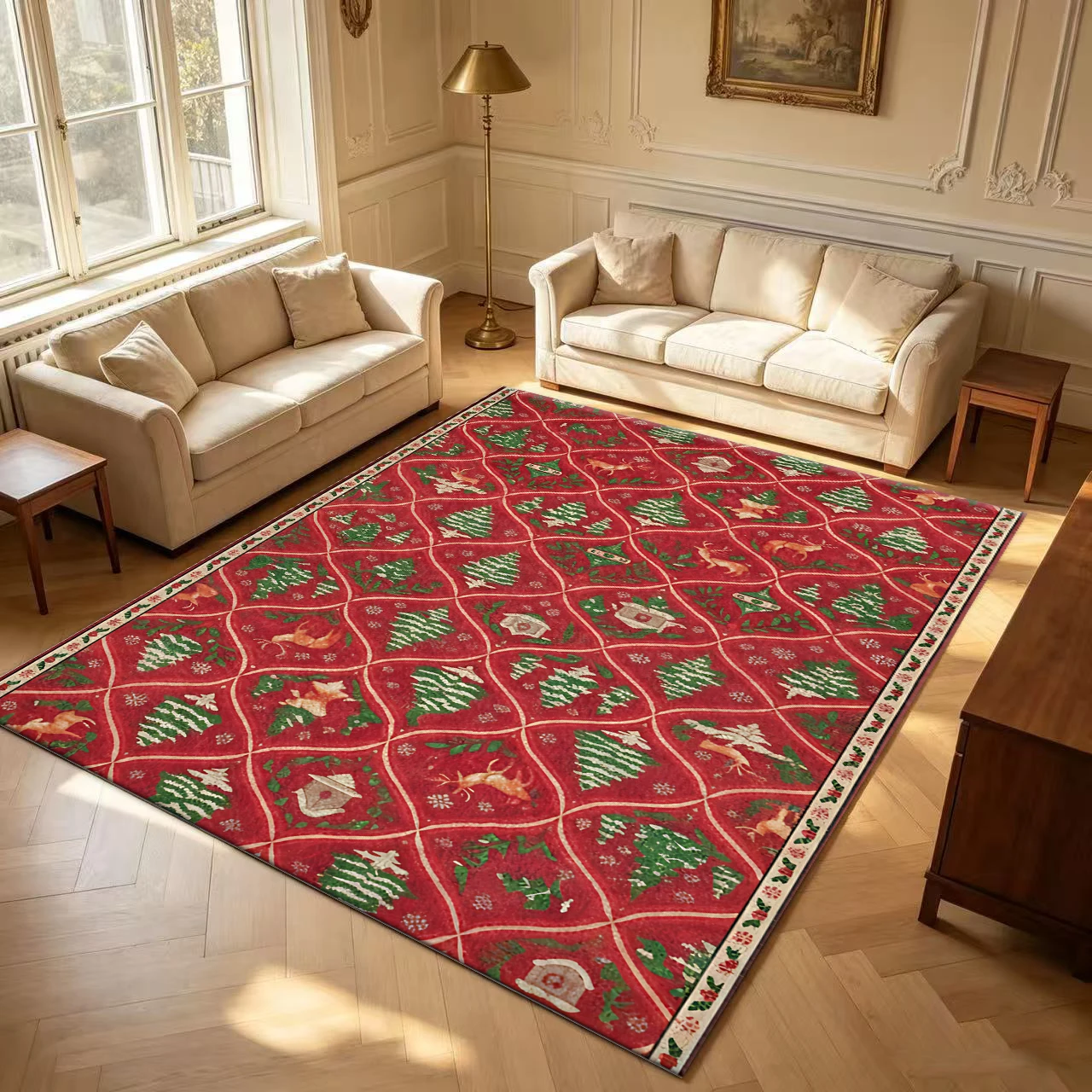 Red Christmas Tree Reindeer Rug