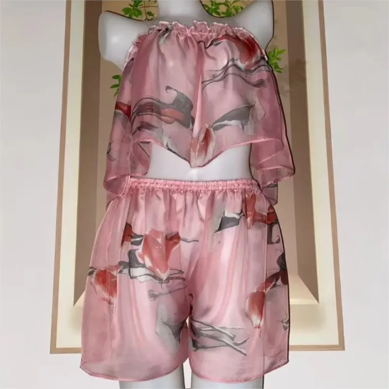 Couple Silky Touch Cute Sleepwear Two Piece Set Perspective Sexy Comfortable Printing Sleeveless Top and Shorts Sissy Party Gift
