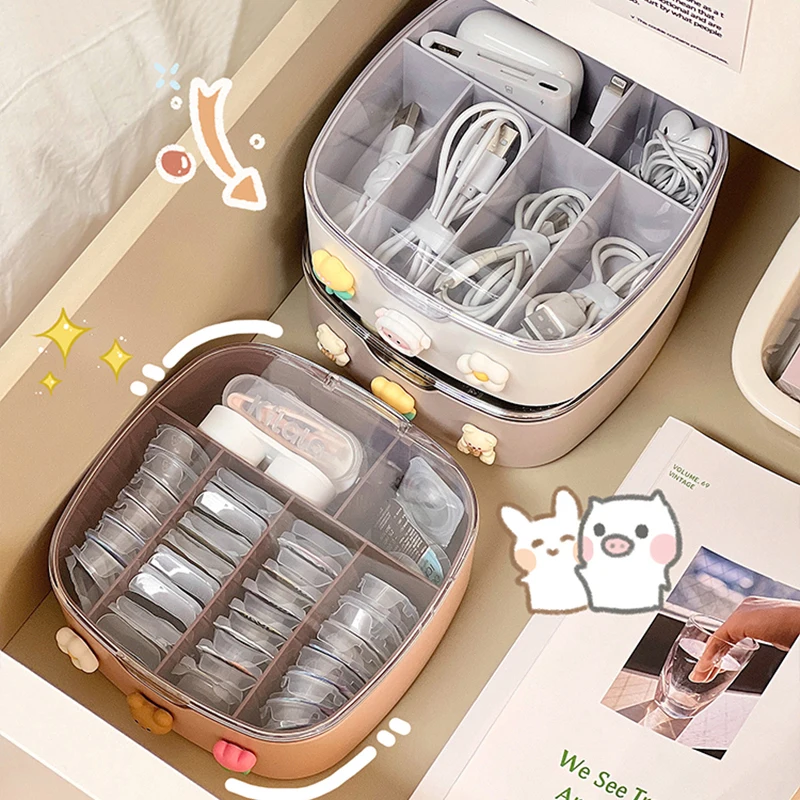 Kawaii Desk Organizers With Sticker Lid Cute PlasticJewelry Stationery Charging Cable Hair Band Portable Home Desk Storage Box