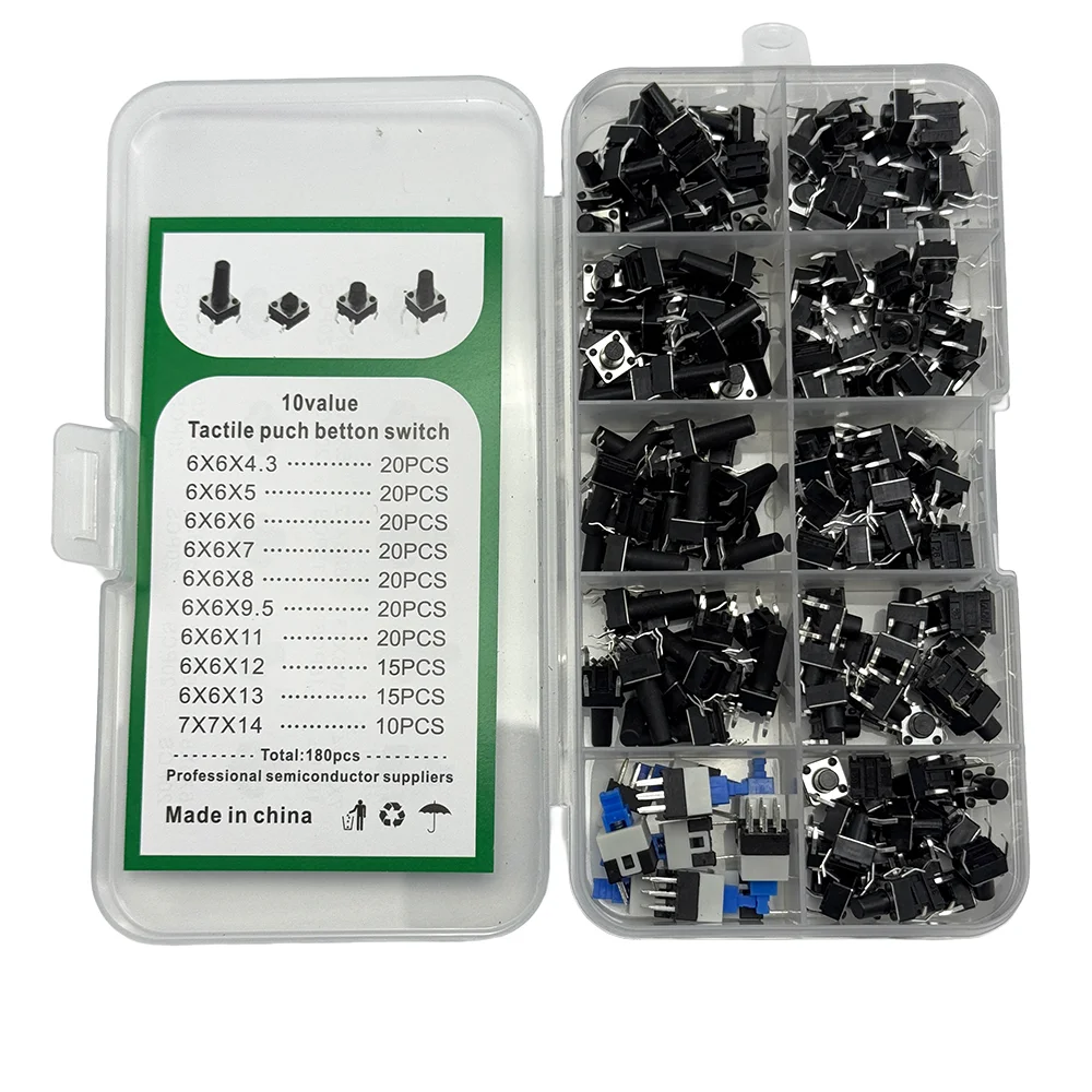 10 Types 180Pcs Through Hole Tactile Momentary Push Button Switch Assortment Kit with Plastic Storage Case