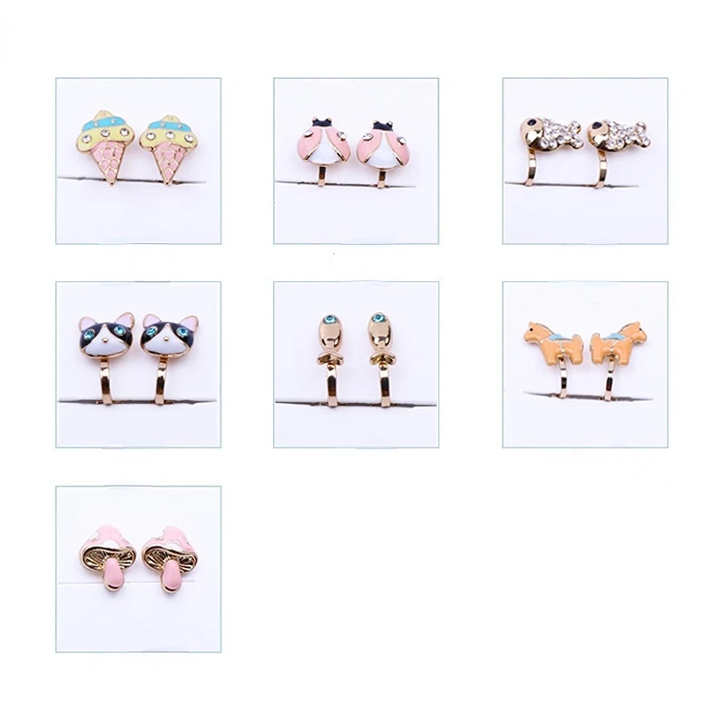 GRACE JUN Cute Cartoon Animal Gold Color Clip on Earrings for Girls Fashion Enamel Pearl Flower Fish Cuff Ear Clip Wholesale