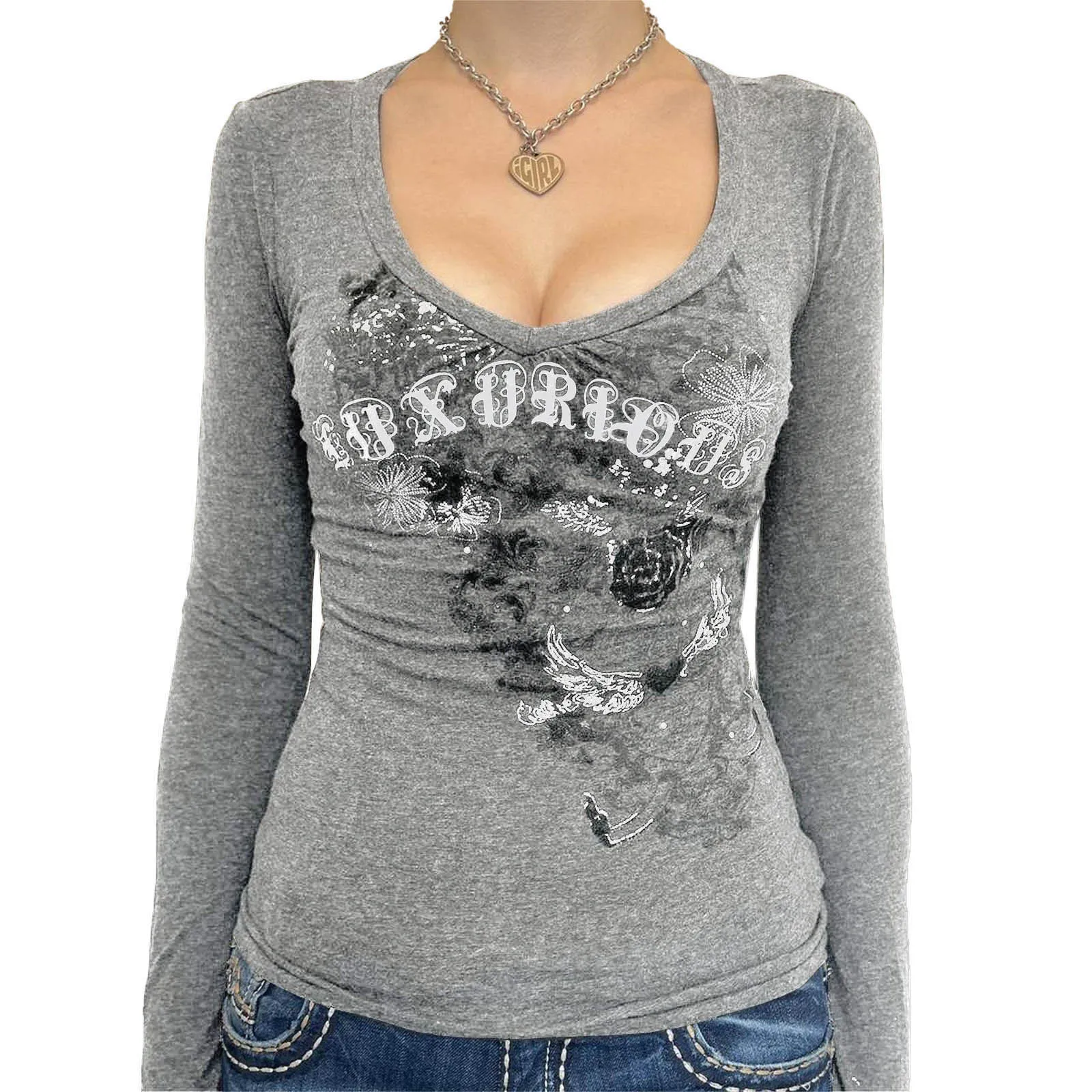 Camiseta Punk con estampado gótico para mujer, Top Y2K ajustado para ir al trabajo, camiseta estampada, ropa interior informal, colección primavera 2026