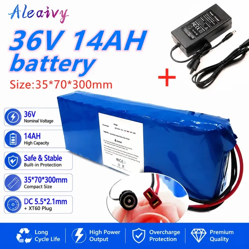 36V 14Ah 10S3P 18650 Lithium Ion Battery Pack with Built-in BMS for 350W 500W 1000W Electric Bike Motor Rechargeable Power