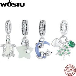 WOSTU 925 Sterling Silver Luminous Moon Cat Pendant Star Wishing Bottle Charm Fit Original Bracelet Novel Jewelry Gift for Women