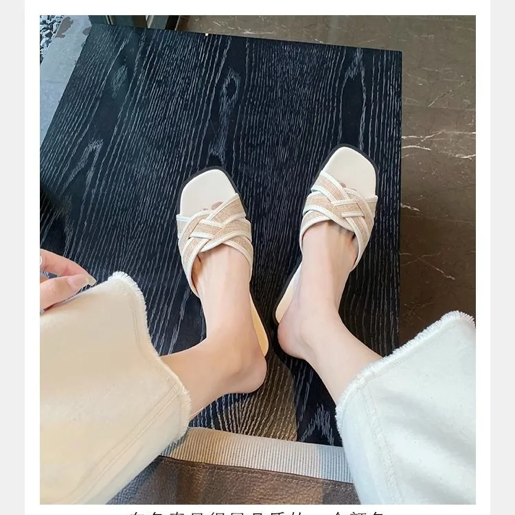 Square headed women's summer outerwear flat bottomed retro color patchwork grass woven cross soft sole casual slippers
