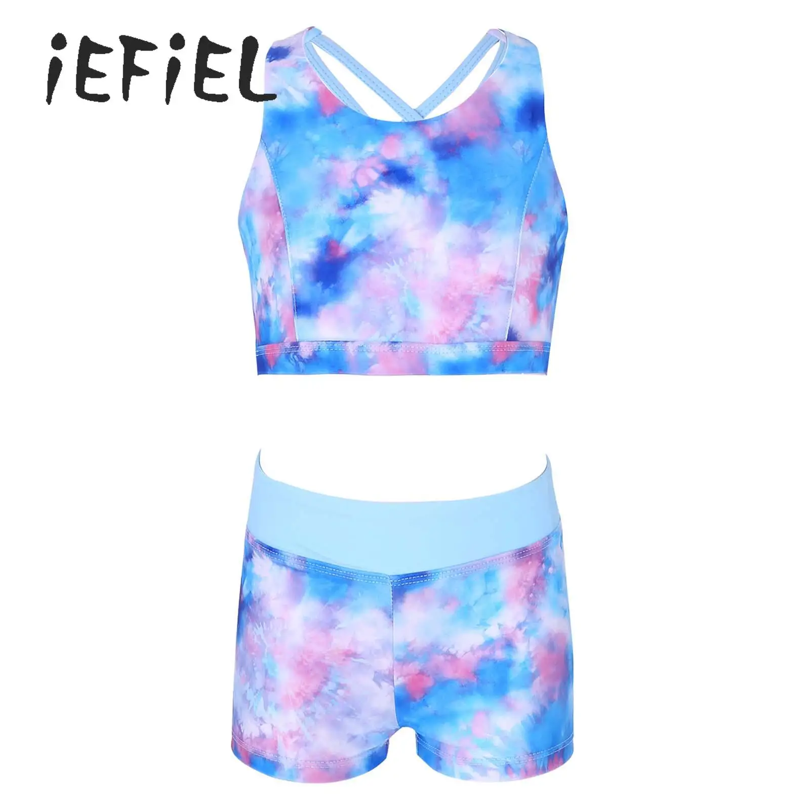 

Kids Girls Two Piece Outfits Tie-dye Print Criss Cross Crop Top with Boyshorts Tracksuit for Gymnastics/Dance/Workout/Swimming