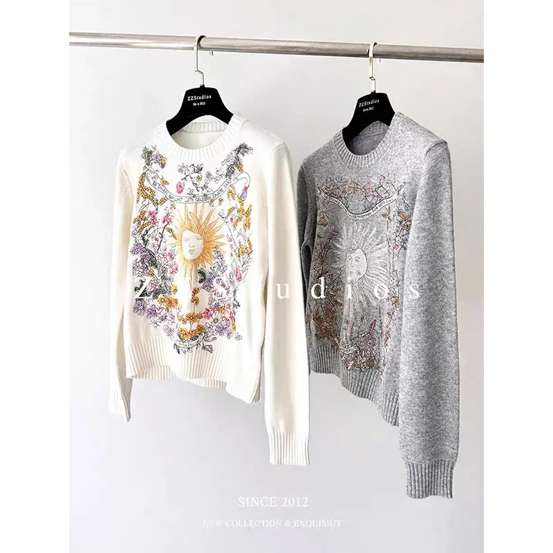 Autumn Winter Y2k Jacquard Loose Knitwear Women Loose O-neck Knitted Pullovers Vintage Chic Fashion Sweater