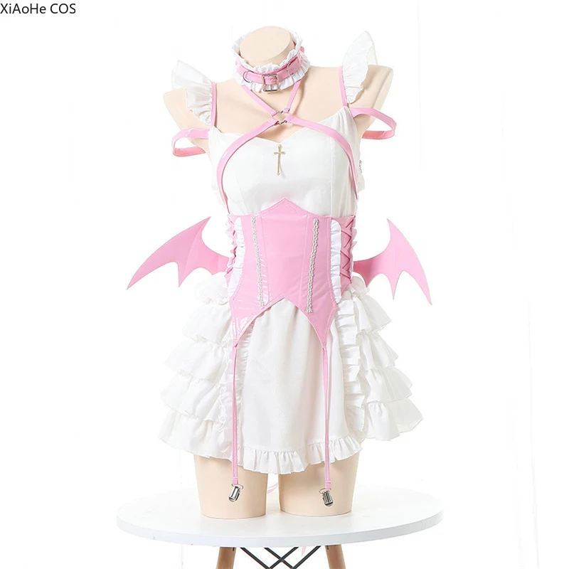 Halloween Vampire Bat Cosplay Costume Masquerade Party Dress Up Evil Little Demon Maid Outfit Pink Ruffle Suspender Lolita Dress