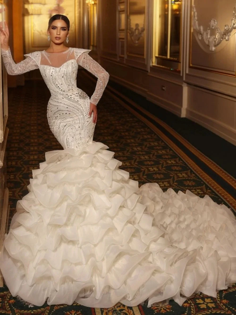 

Customized Shinny Heavy Beads Crystals Luxury Mermaid Wedding Dress Vestidos Noivas Long Sleeves Cascading Ruffles Bridal Gown