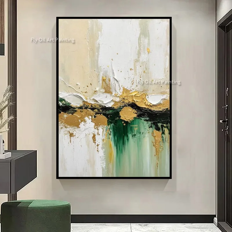 Green White Gold Canvas Thick Wall Art Abstract Texture Oil Painting Gold Foil Simple Wall Art Decor For Home Entry Hall