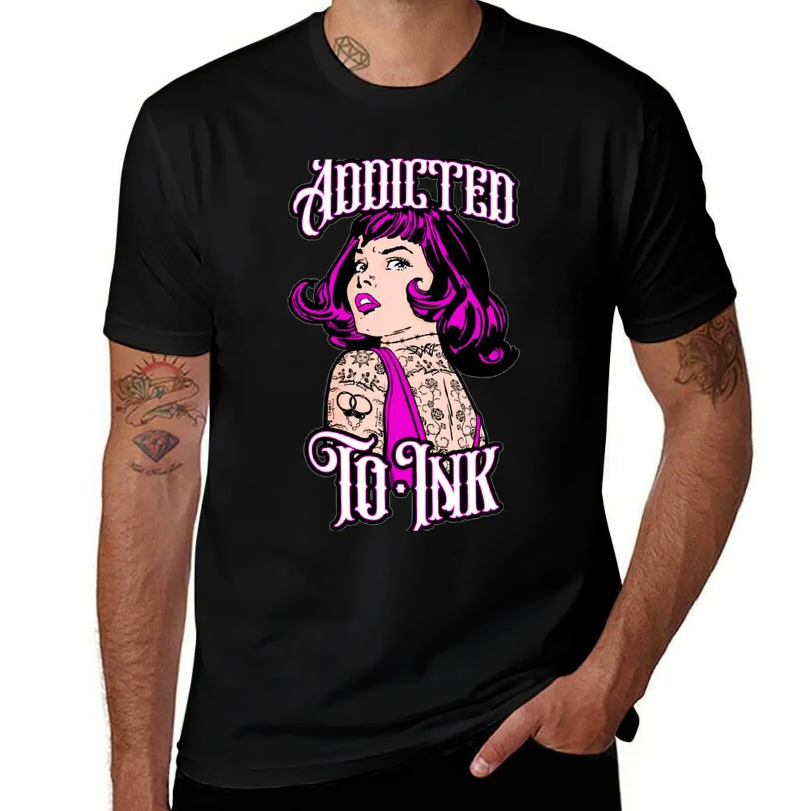Addicted To Ink Tattooed Girl Retro Vintage Tattoo Pop Art T-Shirt Holiday Outdoor T-Shirt
