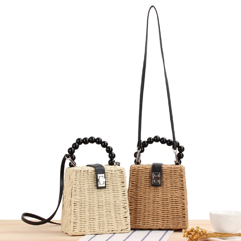 New cute wooden bead hand-woven bag summer beach forest metal lock one-shoulder straw bag