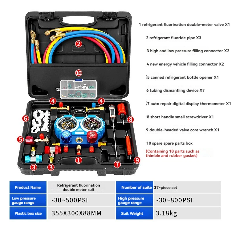 

Air Conditioning Repair Tools Tubing Dismantling Device High Pressure Gauge:-30-800PSI Dual Gauge Valve Block