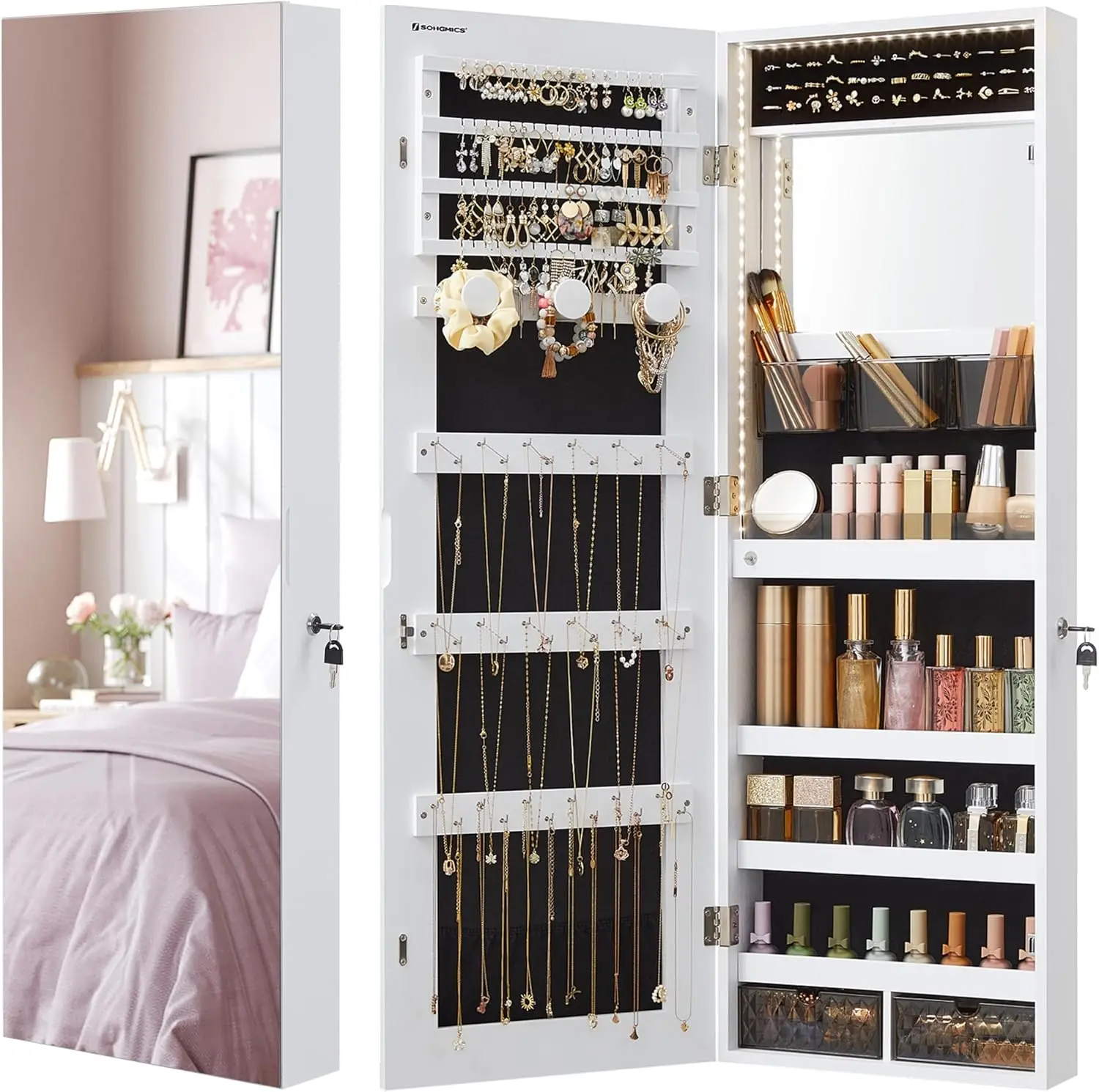 

Mirror Jewelry Cabinet Armoire Organizer, Wall Or Door Mount Storage Cabinet With Full-Length Frameless Lighted Mirror,