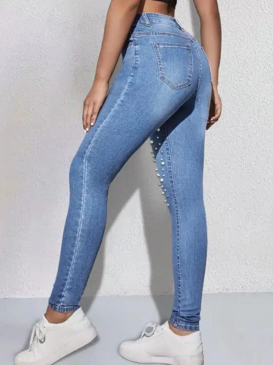 

Women's Jeans 2026 New Spring Autumn Fashion Nail Bead Decor Pocket Design High Waist Streetwear Versatile Casual Skinny Jeans