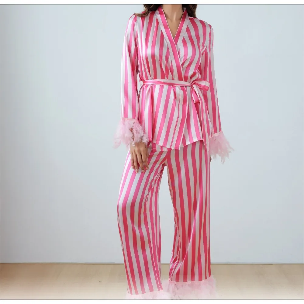 Spring Autumn New Feather Silk Satin Long-sleeved Trousers V-neck Pink White Striped Women's Loungewear Set 2 PCS Set
