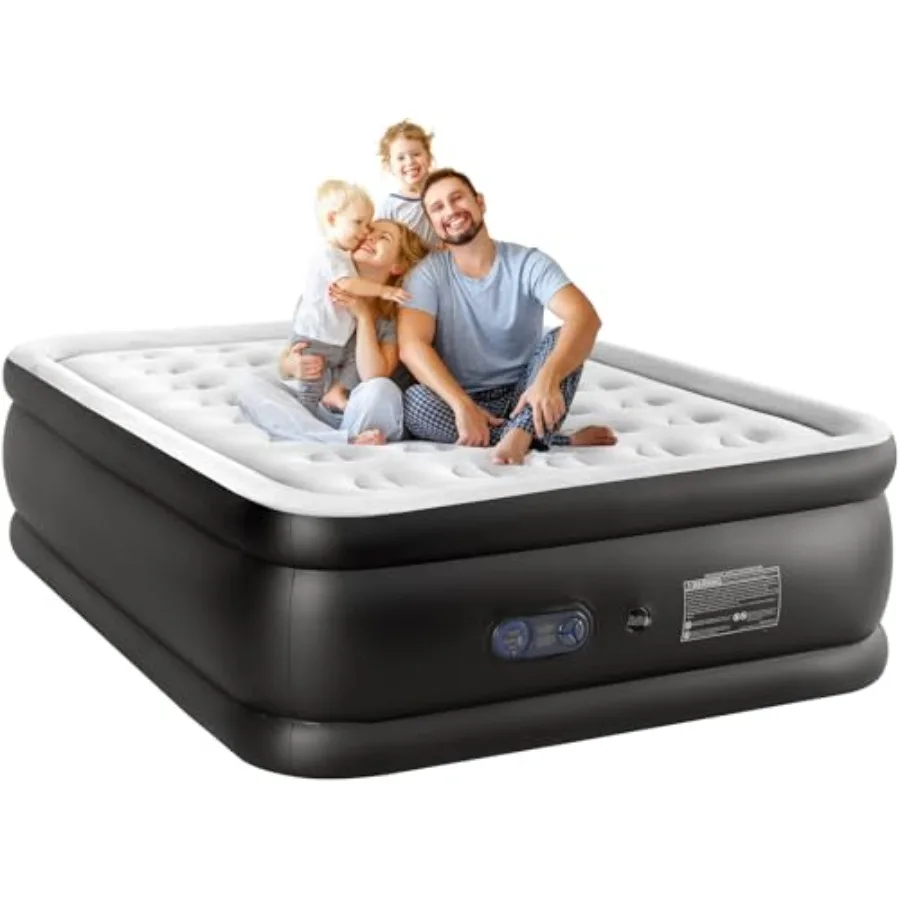 Queen inflatable air mattress for home or camping use, PVC material, gray color, 18-inch double height with built-in high-capac